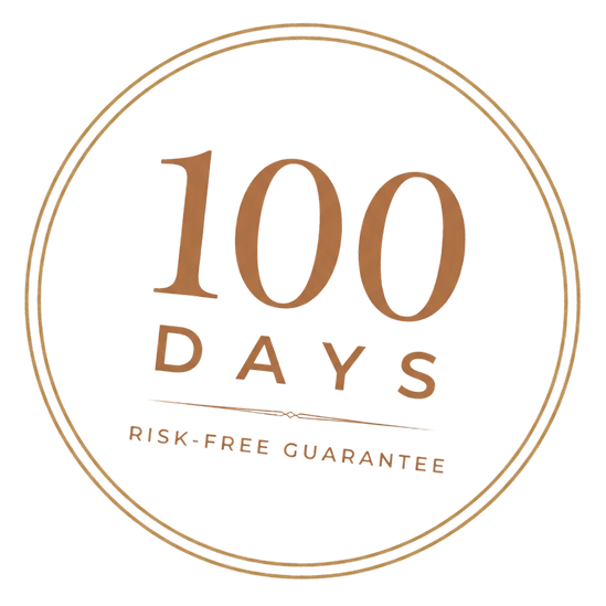 A circular badge with the text 100 DAYS in large letters and RISK-FREE GUARANTEE underneath, all in brown font on a white background with a double line border.