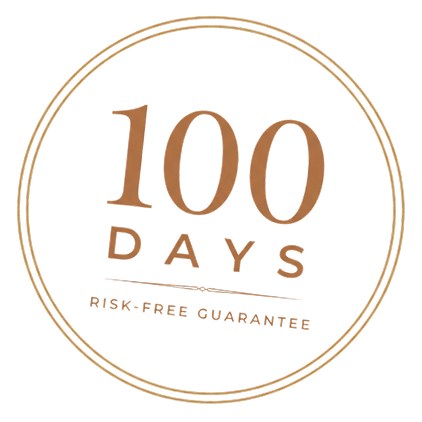 A circular badge with the text 100 DAYS in large brown letters and RISK-FREE GUARANTEE in smaller font below, all on a white background with a thin brown border.
