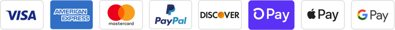 A row of payment option logos including Visa, American Express, Mastercard, PayPal, Discover, Apple Pay, Google Pay, and another payment app with a purple O Pay logo.