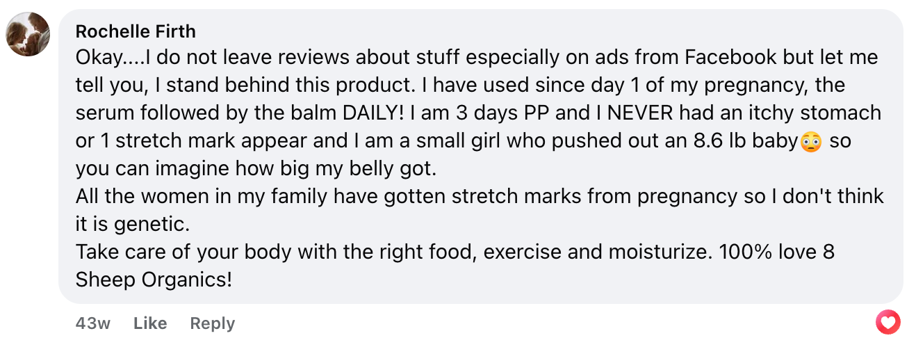 A Facebook comment from Rochelle Firth praising 8 Sheep Organics for preventing stretch marks and itching during her pregnancy, noting daily use and positive results despite family history. She recommends exercise and moisturizing.