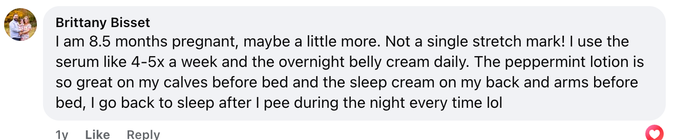 A Facebook comment from Brittany Bisset describing her pregnancy skincare routine, mentioning shes over 8.5 months pregnant with no stretch marks and uses serum and creams for her skin and sleep.